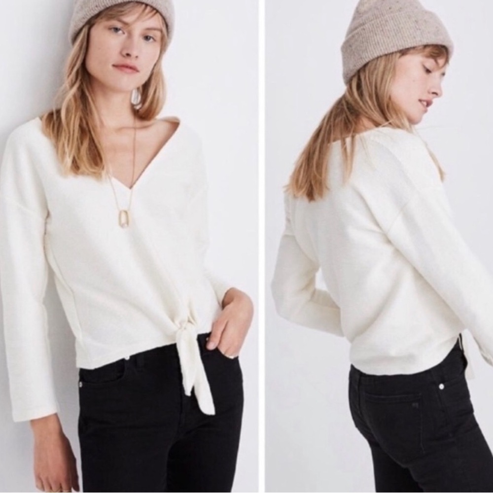 Madwell Texture & Thread Ivory Ribbed Minimalist Tie Front Blouse Size Medium